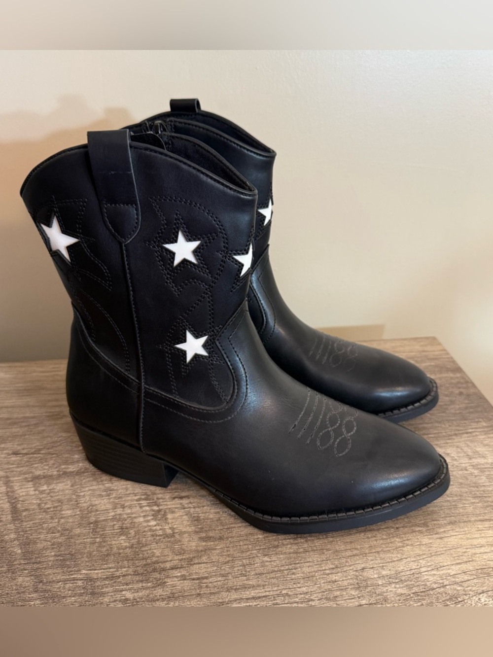 NEW Wonder Nation Black Faux Leather White Star Cowboy Girl Boots Kids Size 5